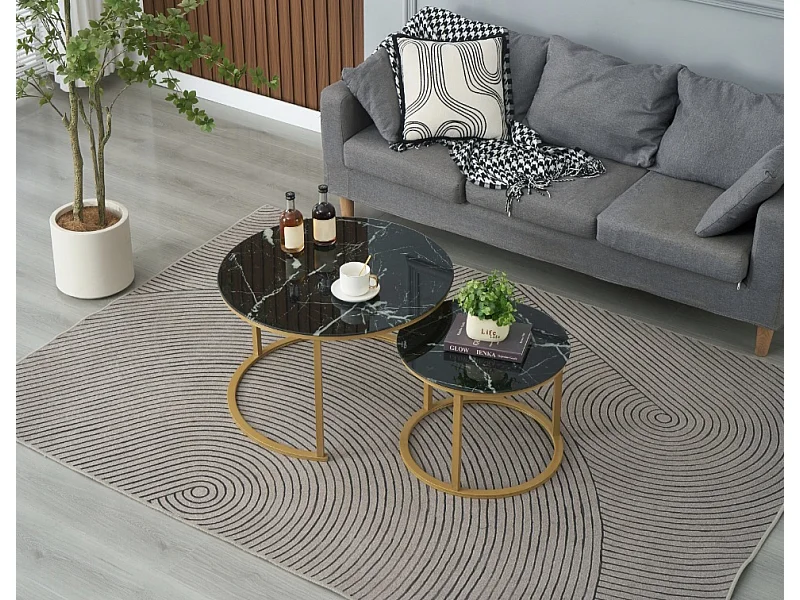 EleganceEssentials – Tables basses rondes – Set de 2 – Table basse ronde – Ø70 & Ø50 cm – Verre trempé effet marbre noir – Pieds dorés mats – Table d’appoint – Tabl