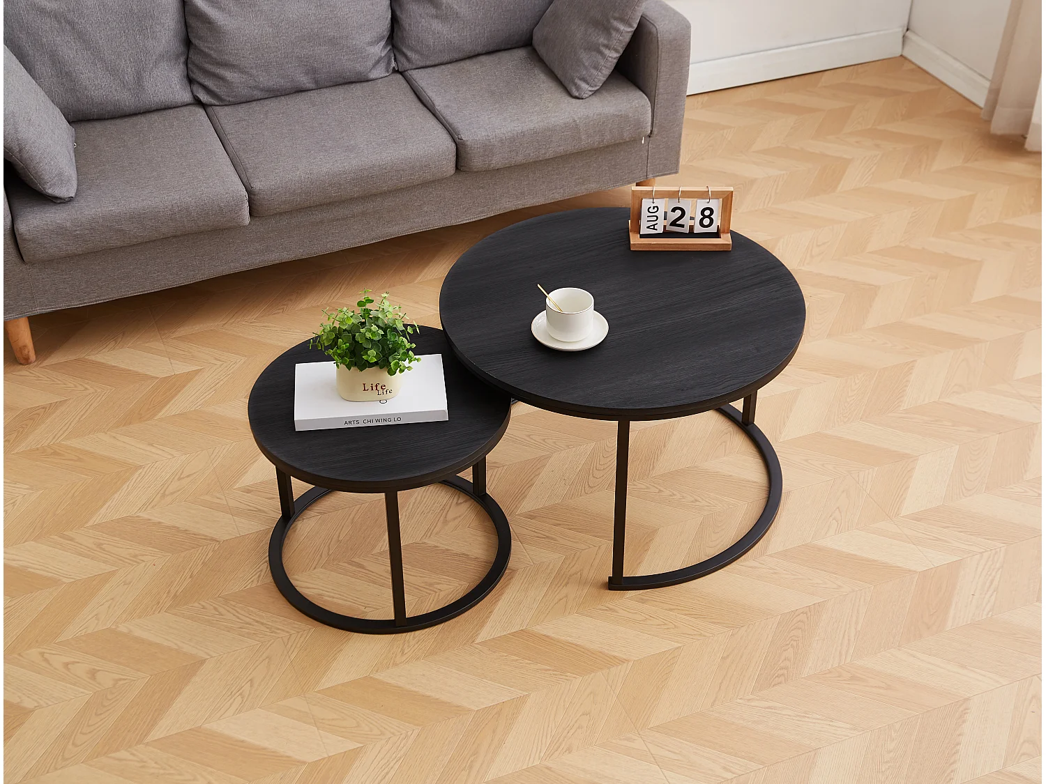 EleganceEssentials Table basse de luxe noire – Finition effet bois – Table basse ronde – Style industriel Ø70 cm & 50 cm