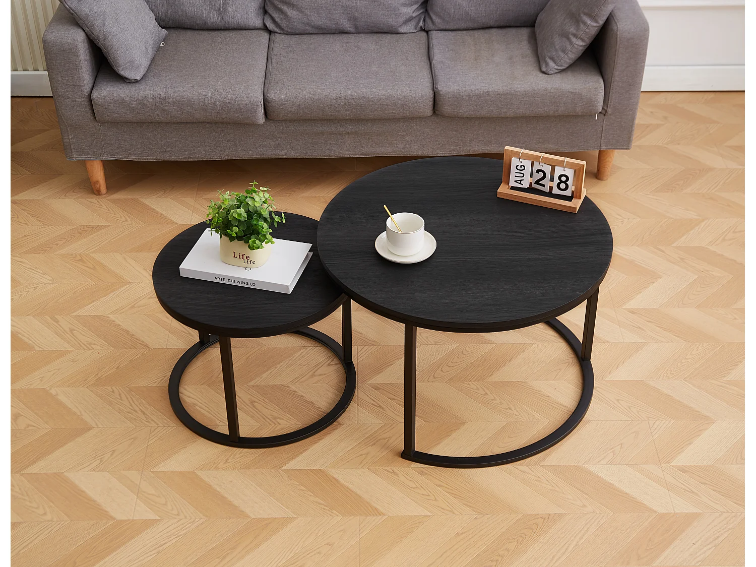 EleganceEssentials Table basse de luxe noire – Finition effet bois – Table basse ronde – Style industriel Ø70 cm & 50 cm