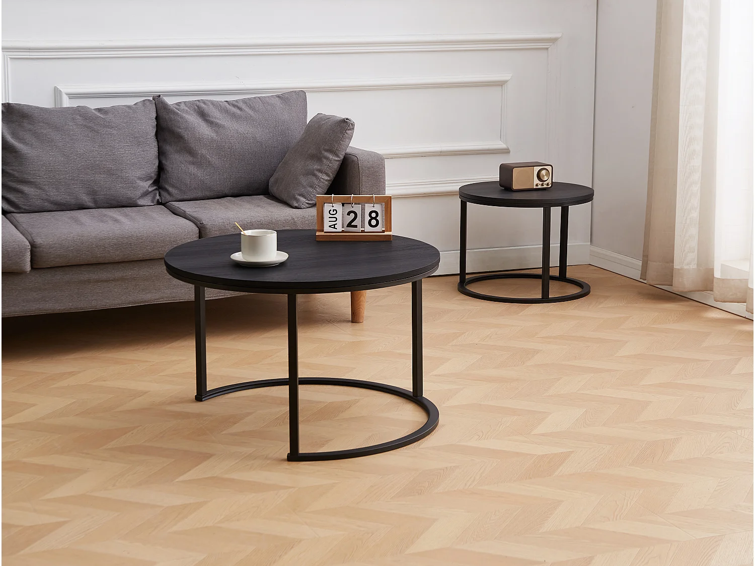 EleganceEssentials Table basse de luxe noire – Finition effet bois – Table basse ronde – Style industriel Ø70 cm & 50 cm