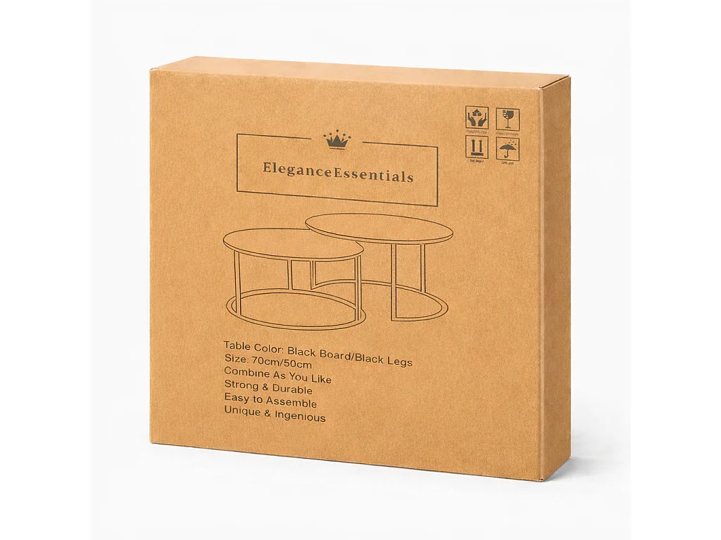 EleganceEssentials Table basse de luxe noire – Finition effet bois – Table basse ronde – Style industriel Ø70 cm & 50 cm