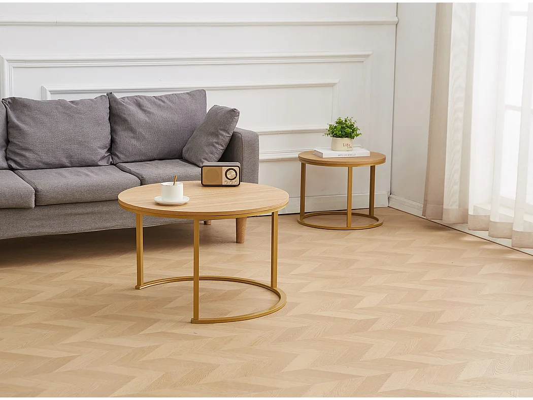 EleganceEssentials Ensemble de tables basses élégantes – Tables basses rondes – Table basse ronde Ø70 & Ø50 cm – Aspect chêne – Pieds dorés mats