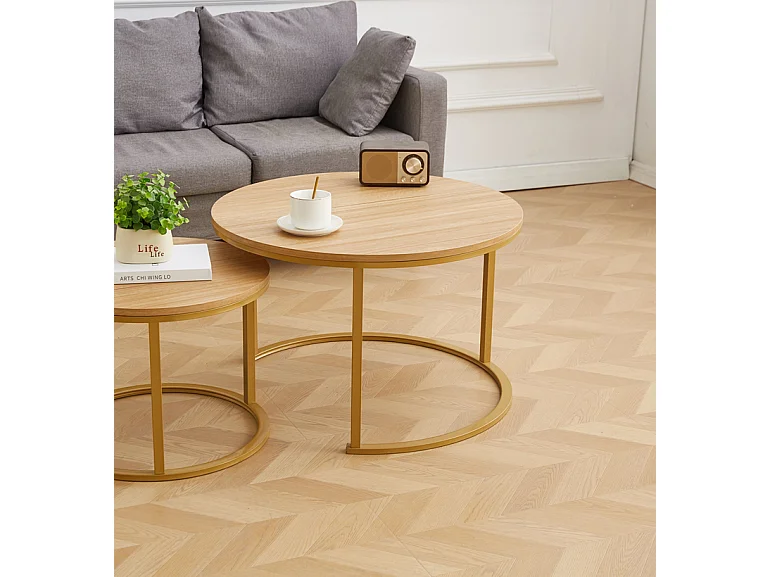 EleganceEssentials Ensemble de tables basses élégantes – Tables basses rondes – Table basse ronde Ø70 & Ø50 cm – Aspect chêne – Pieds dorés mats