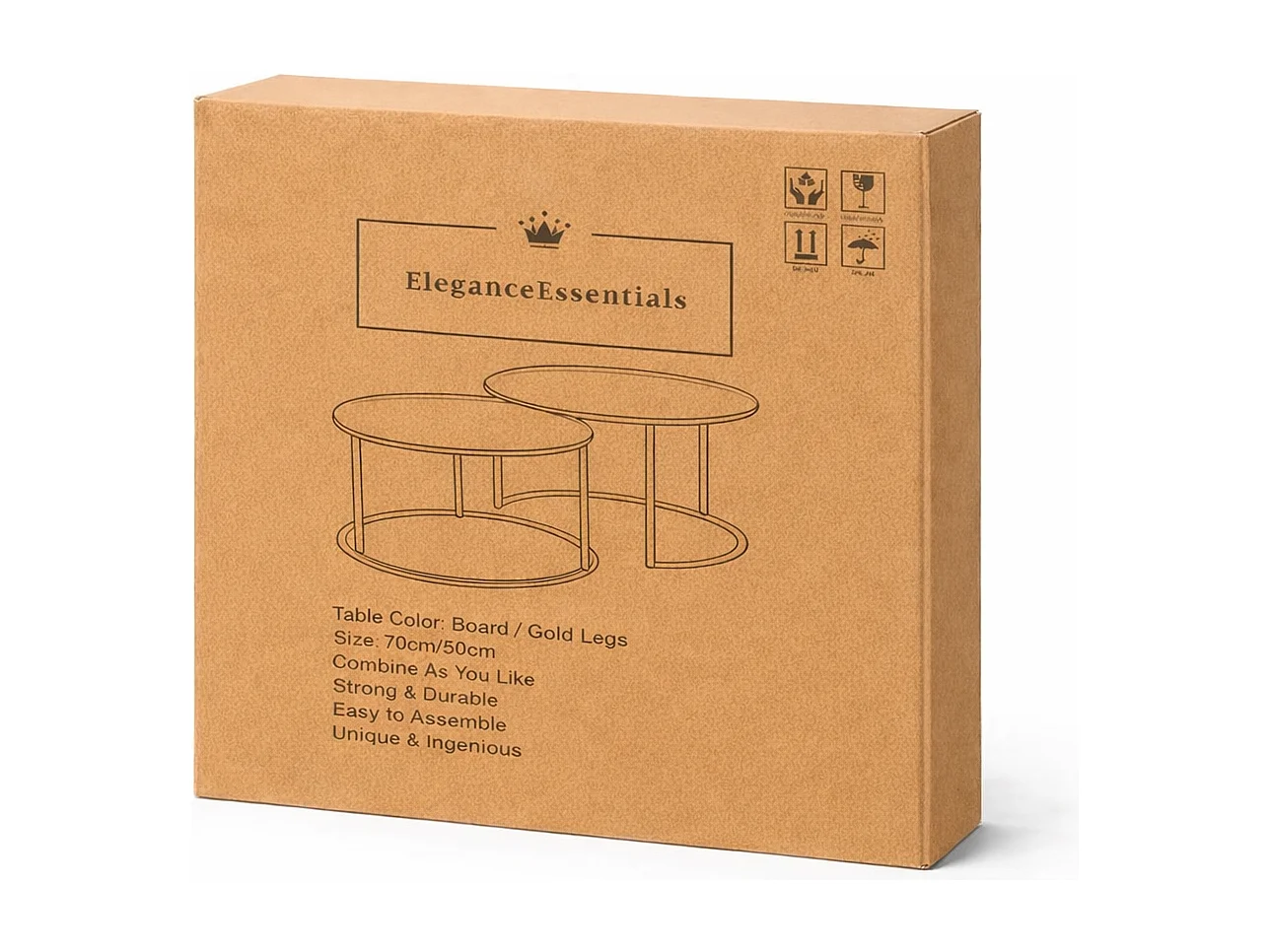 EleganceEssentials Ensemble de tables basses élégantes – Tables basses rondes – Table basse ronde Ø70 & Ø50 cm – Aspect chêne – Pieds dorés mats