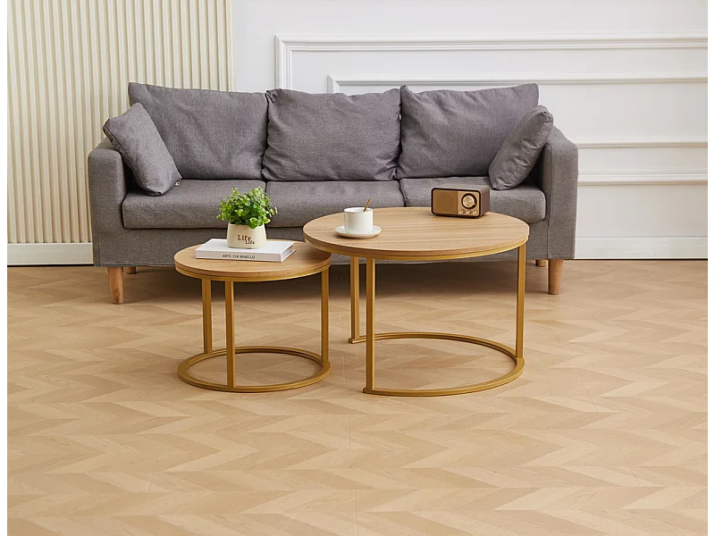 EleganceEssentials Ensemble de tables basses élégantes – Tables basses rondes – Table basse ronde Ø70 & Ø50 cm – Aspect chêne – Pieds dorés mats