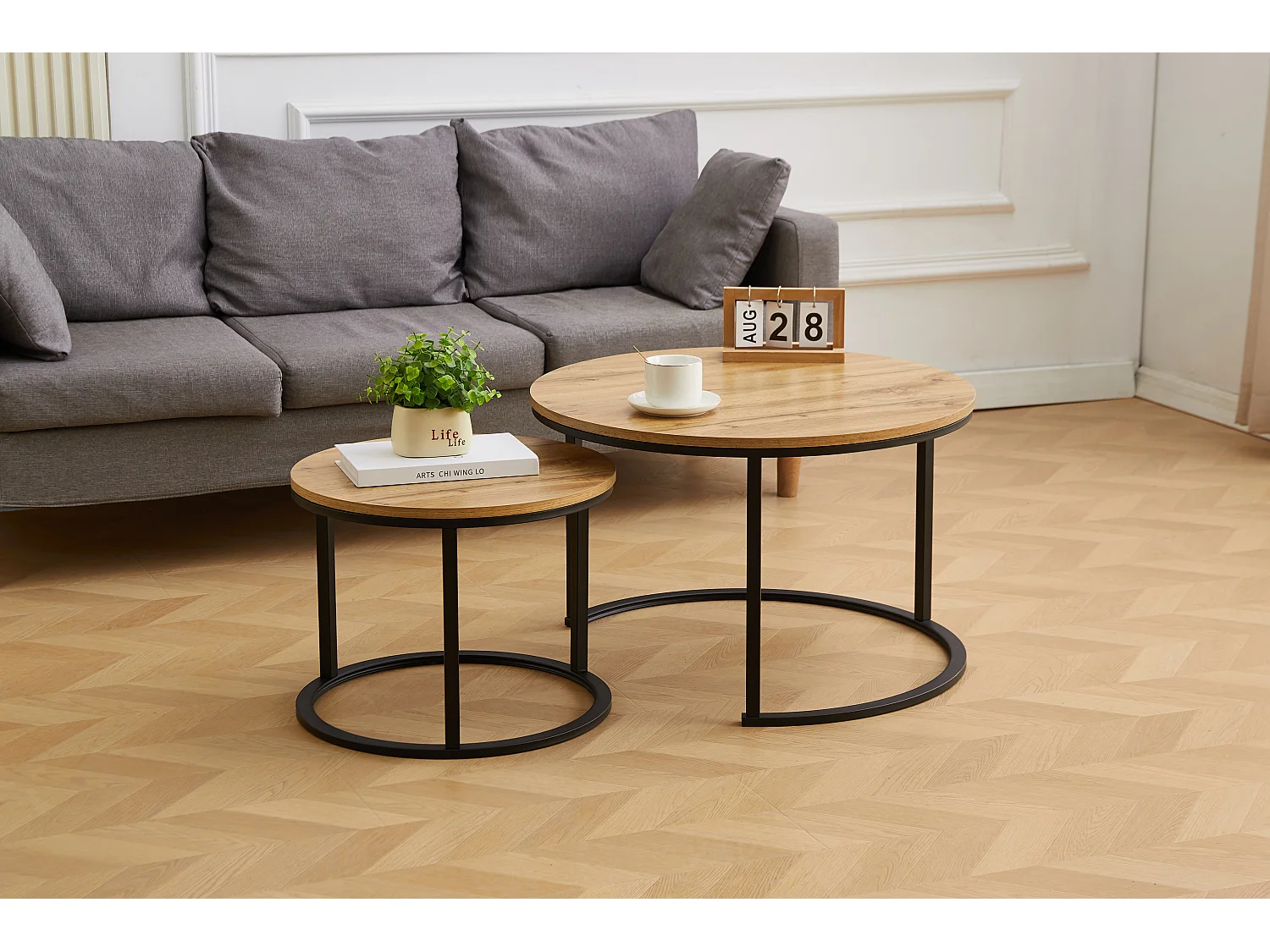 EleganceEssentials Ensemble de tables basses élégantes (lot de 2) – Bois MDF – Aspect chêne – Pieds noirs – 70 & 50 cm