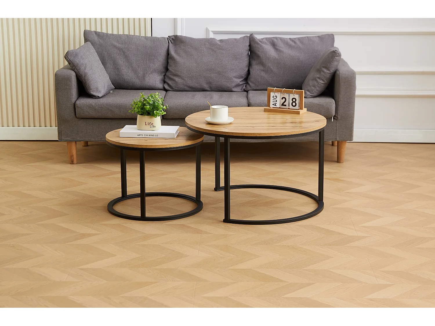 EleganceEssentials Ensemble de tables basses élégantes (lot de 2) – Bois MDF – Aspect chêne – Pieds noirs – 70 & 50 cm