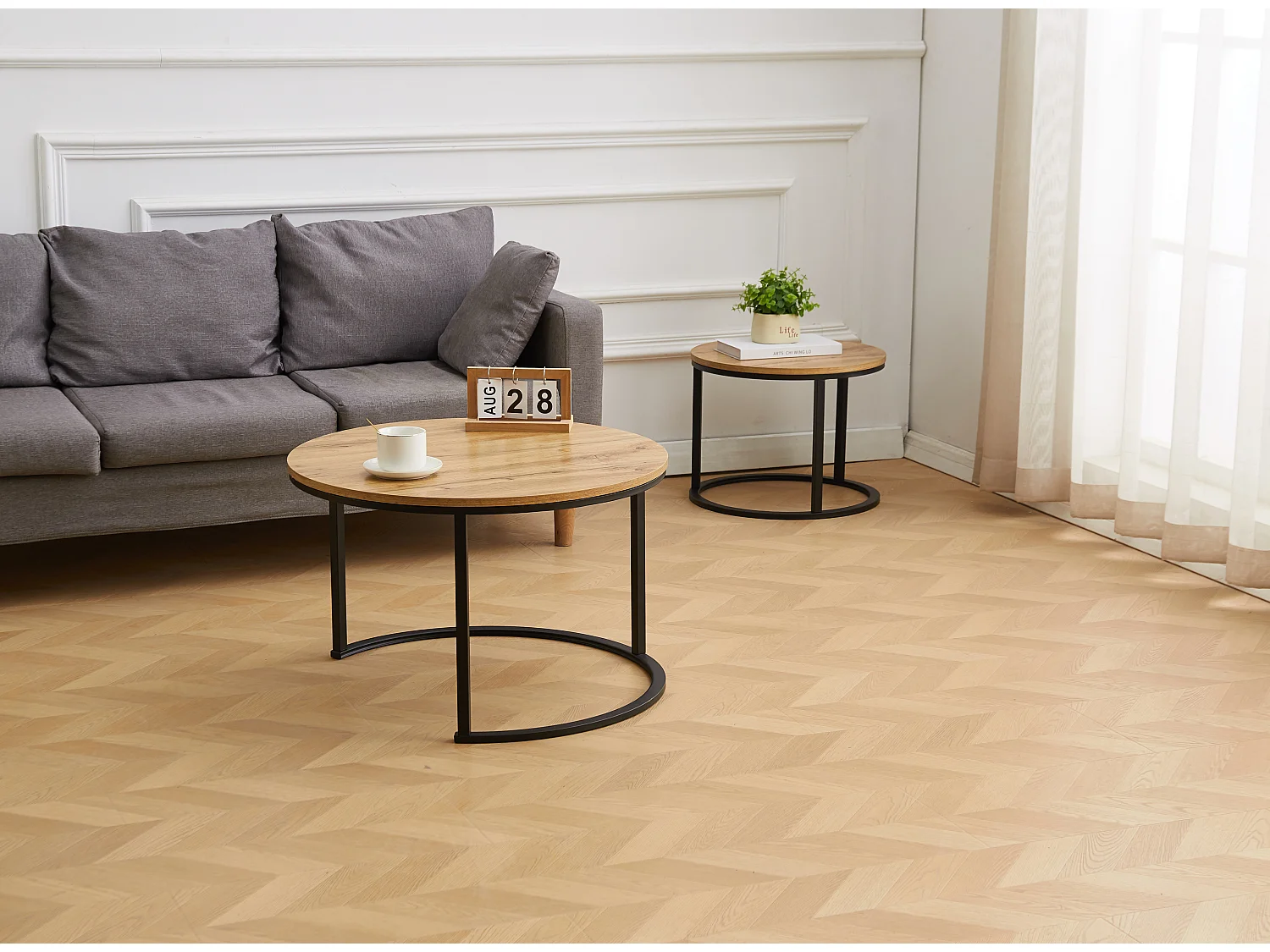 EleganceEssentials Ensemble de tables basses élégantes (lot de 2) – Bois MDF – Aspect chêne – Pieds noirs – 70 & 50 cm