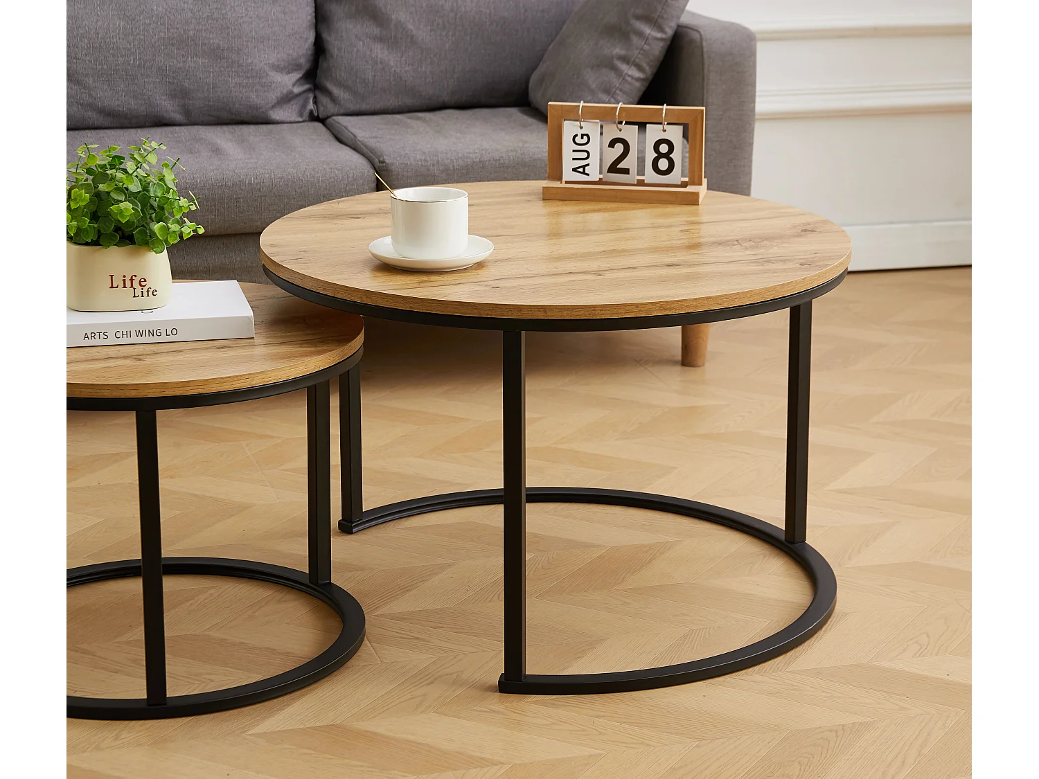 EleganceEssentials Ensemble de tables basses élégantes (lot de 2) – Bois MDF – Aspect chêne – Pieds noirs – 70 & 50 cm