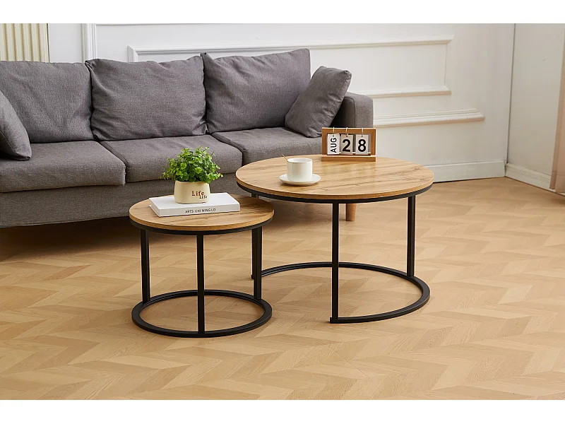 EleganceEssentials Ensemble de tables basses élégantes (lot de 2) – Bois MDF – Aspect chêne – Pieds noirs – 70 & 50 cm