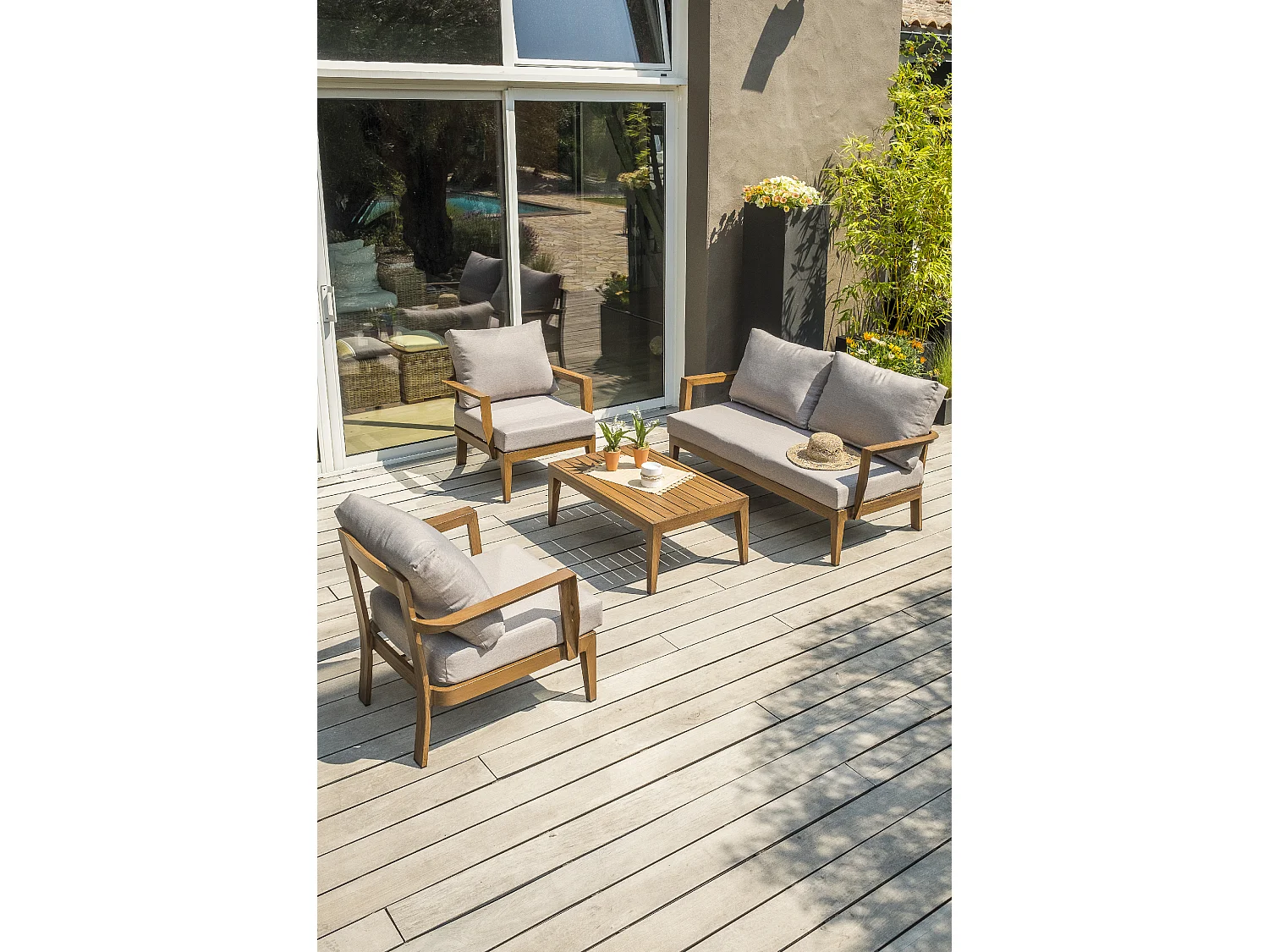 4-Sitzer-Gartenmöbel, Aluminium, Holzeffekt