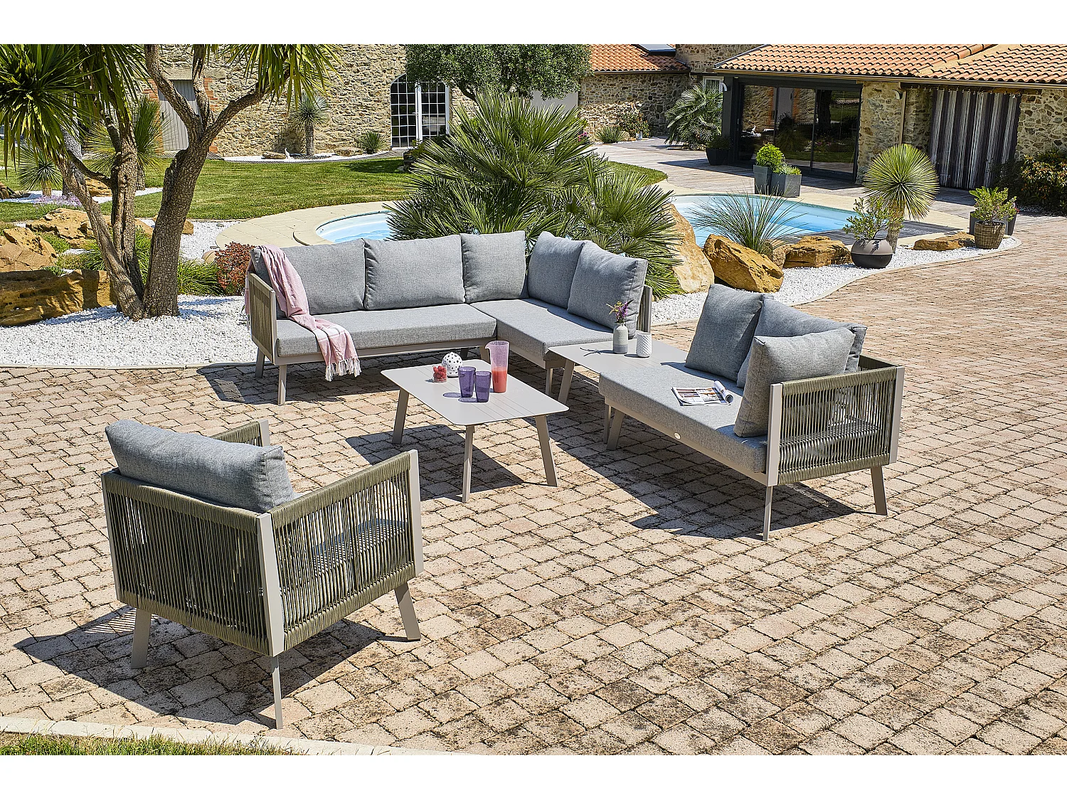 Salón de jardín de esquina 7 plazas de aluminio