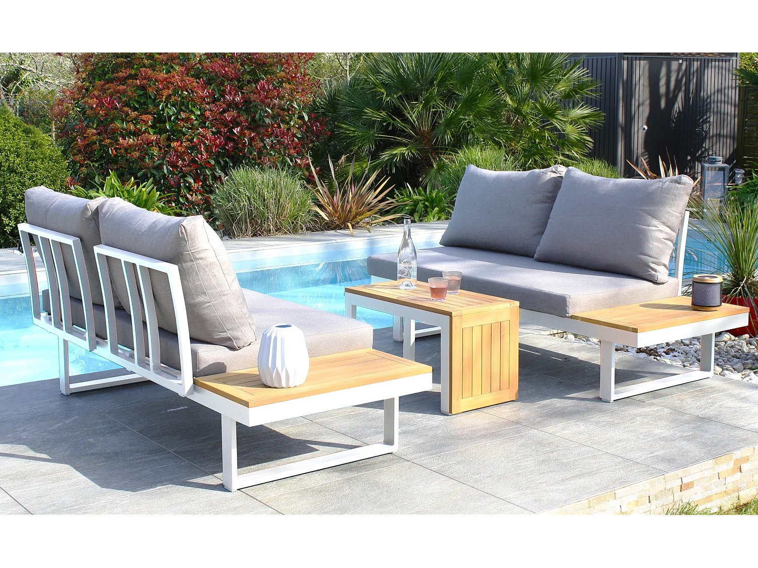 4-Sitzer-Gartenmöbel, Aluminium und Akazienholz