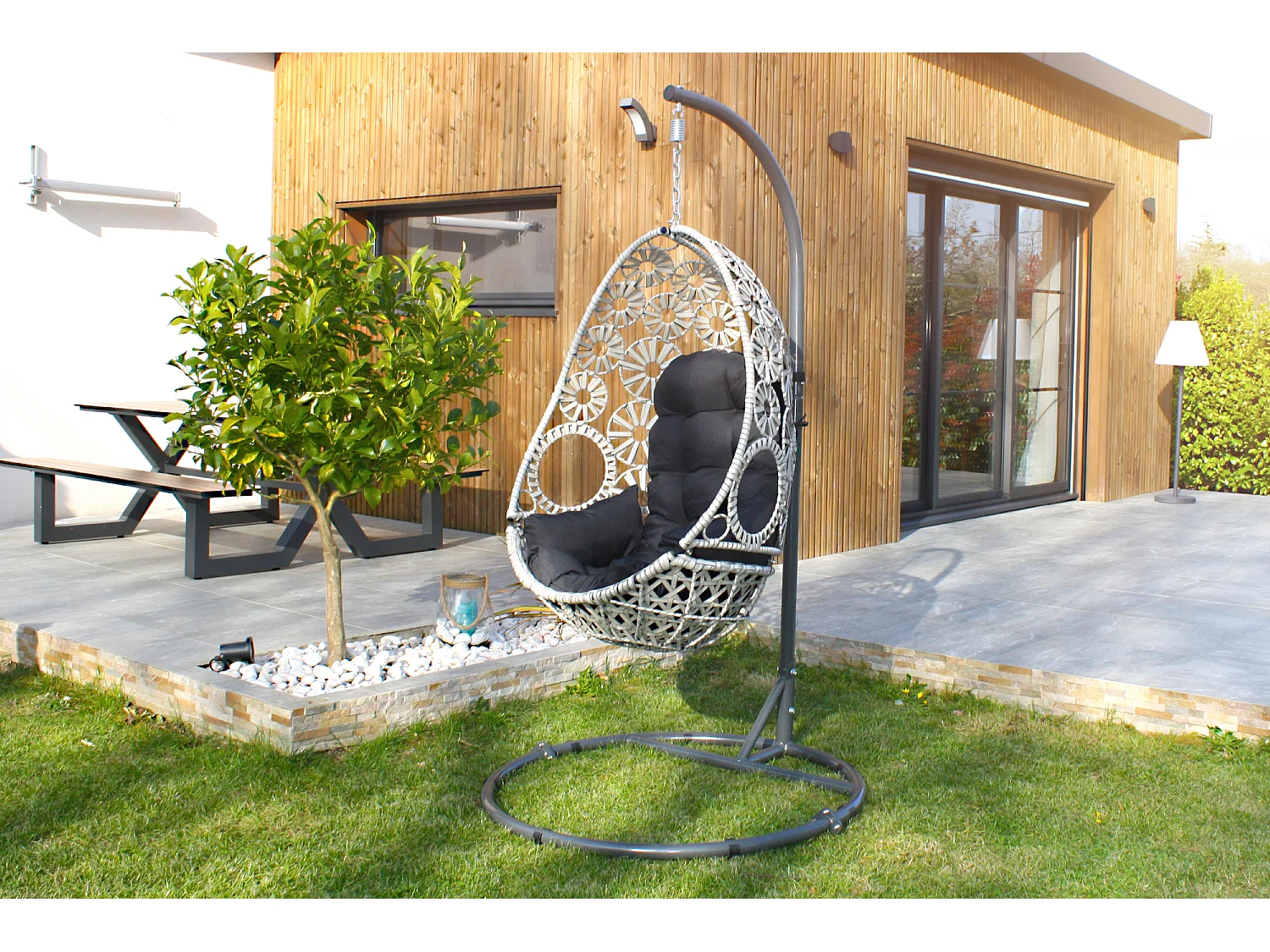 Gartenschaukel, Kunstharzgeflecht mitem Kissen, ecru
