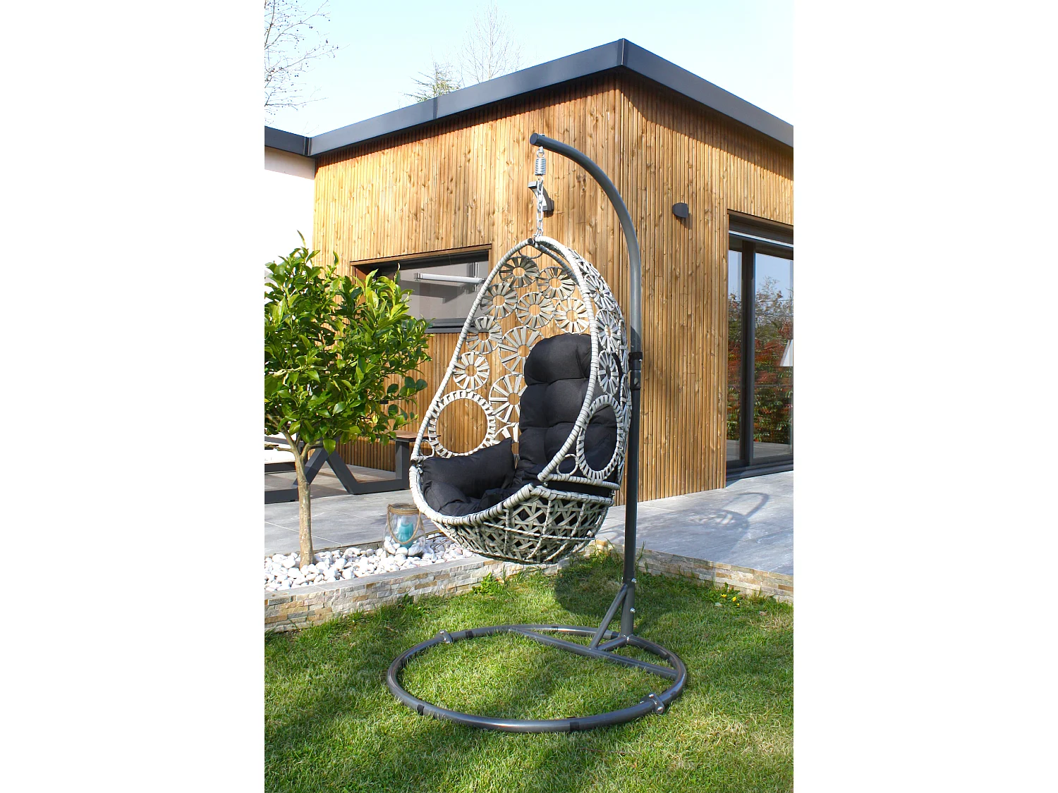 Gartenschaukel, Kunstharzgeflecht mitem Kissen, ecru
