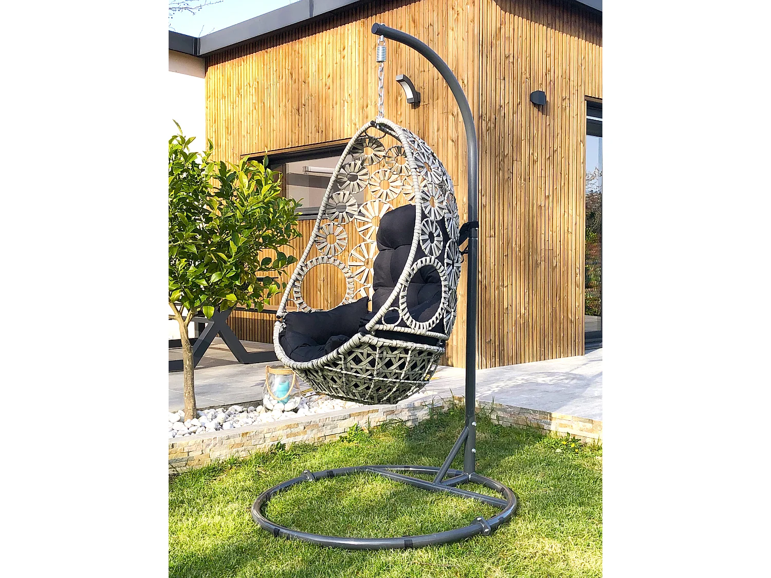 Gartenschaukel, Kunstharzgeflecht mitem Kissen, ecru