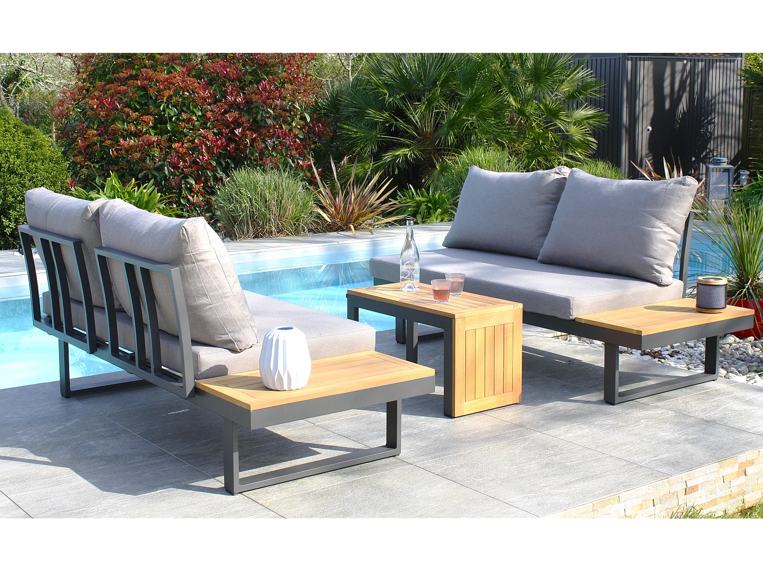 4-Sitzer-Gartenmöbel, Aluminium und Akazienholz