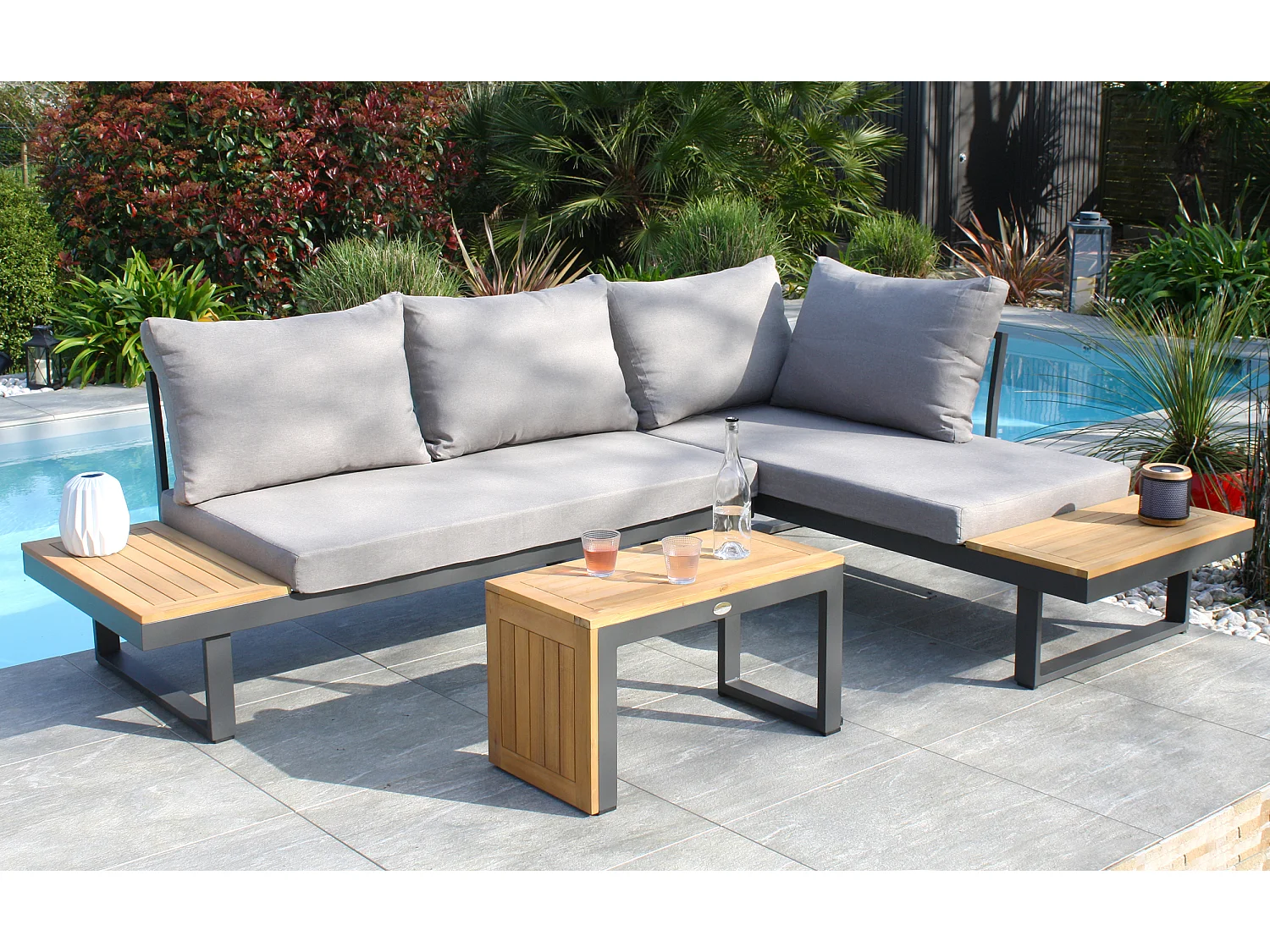 Salotto da giardino 4 posti in legno di acacia e alluminio