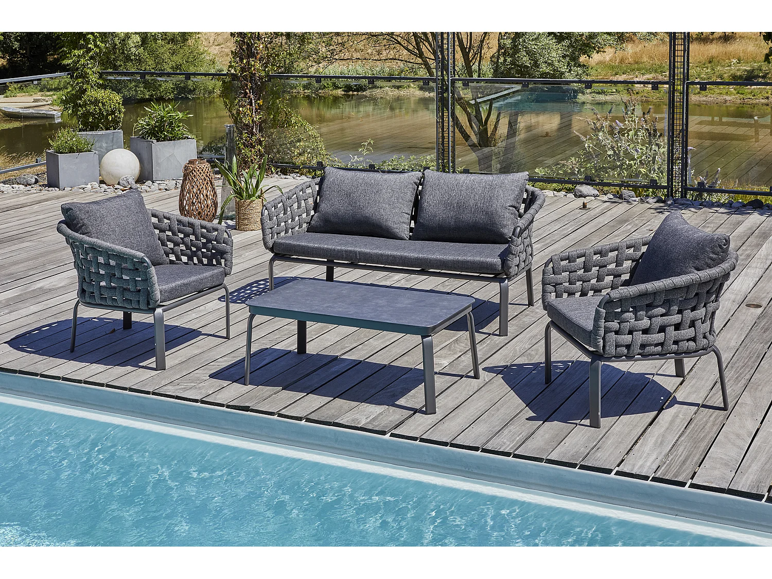 Salón de jardín 4 plazas de cuerda tejida y aluminio