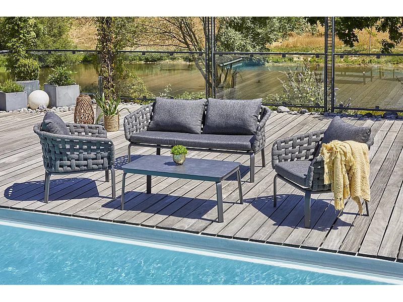 Salón de jardín 4 plazas de cuerda tejida y aluminio