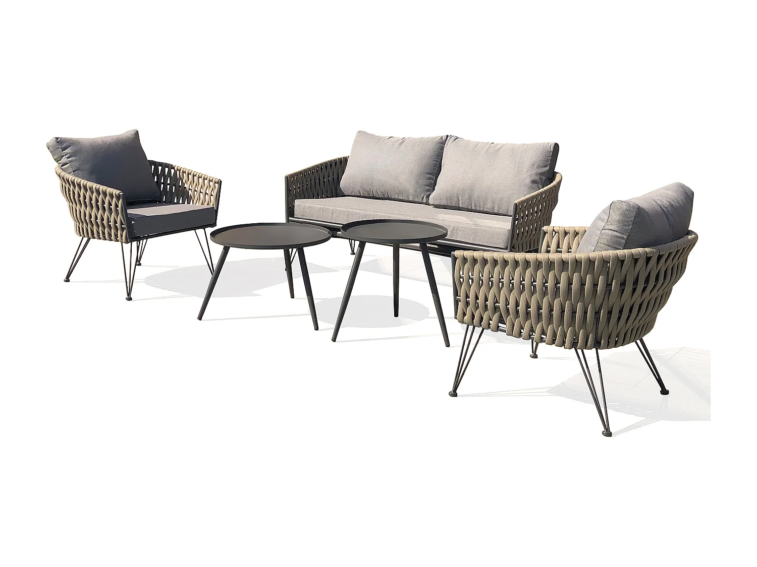 Salon de jardin 4 places en corde tissée et acier