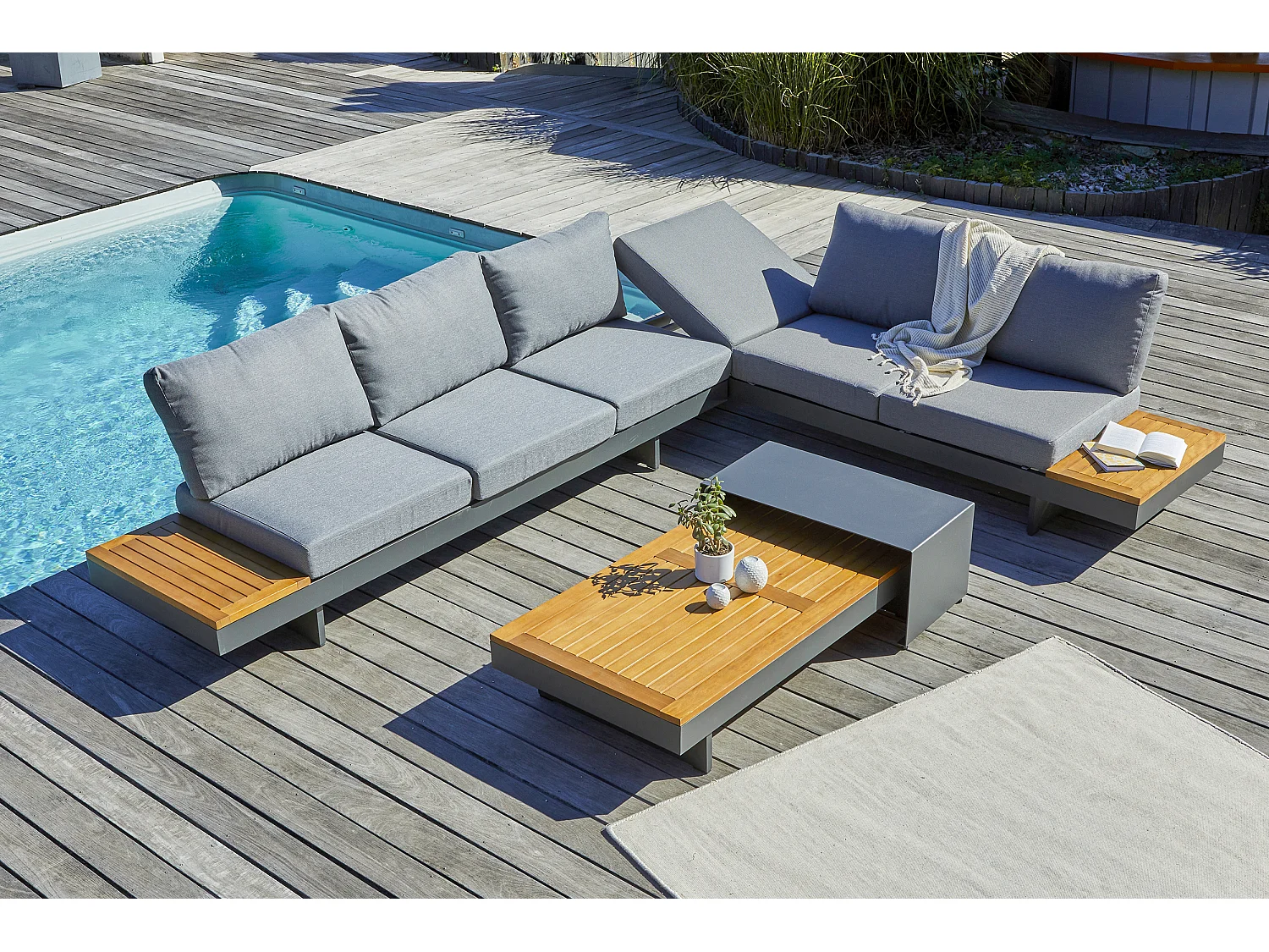 Salón de jardín de esquina 6 pl madera acacia y aluminio