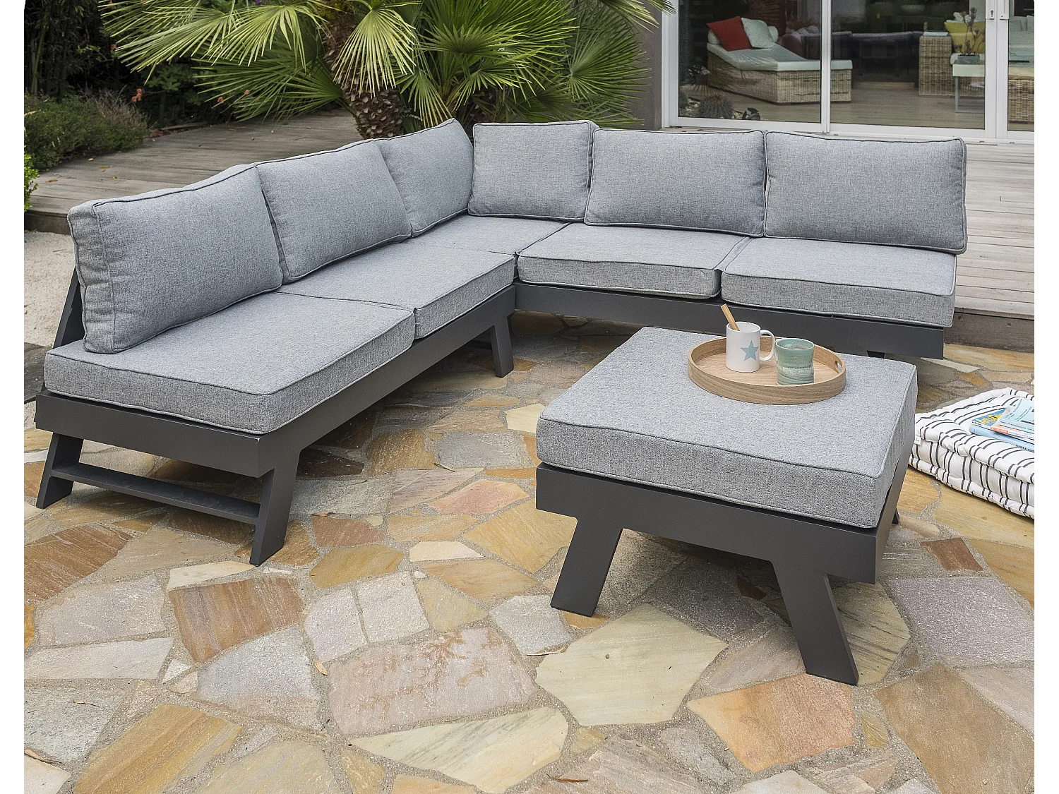 Salon d'angle de jardin 6 places en aluminium  - NEWYORK