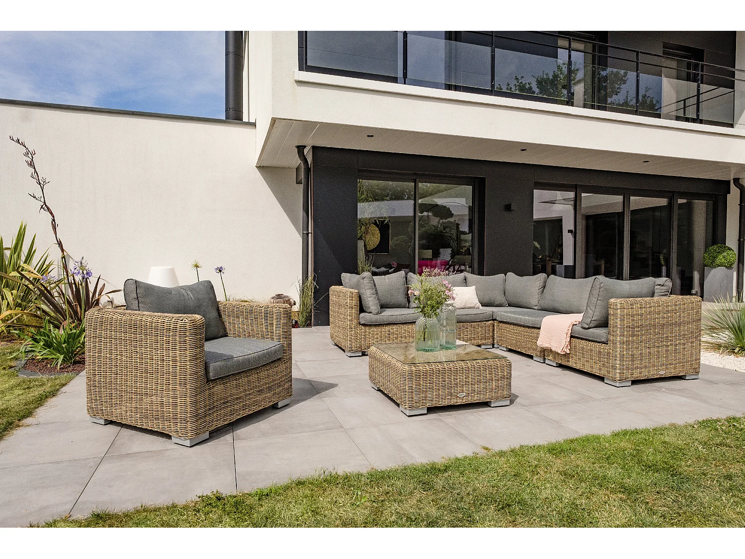 6-Sitzer-Gartenmöbel, Kunstharzgeflecht, honig