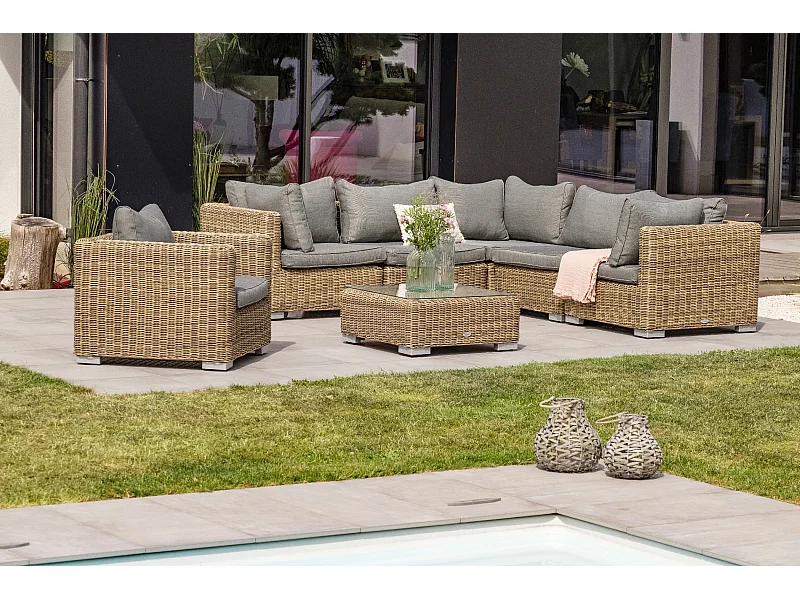 6-Sitzer-Gartenmöbel, Kunstharzgeflecht, honig