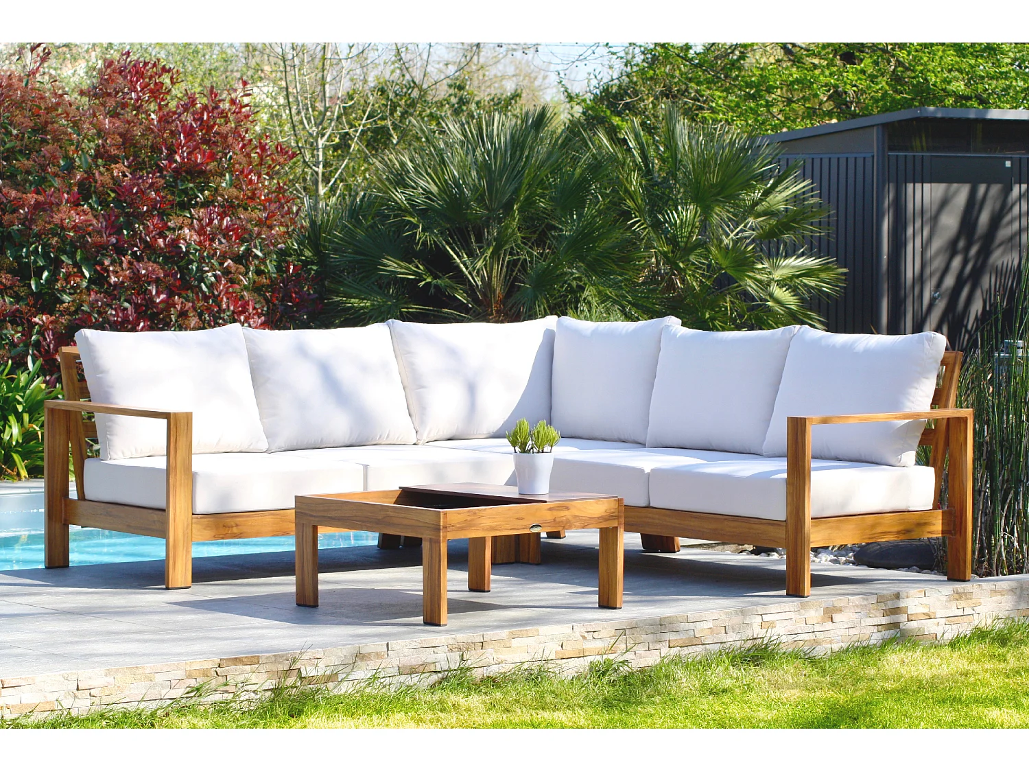 5-Sitzer-Eckgartenmöbel, Aluminium, Holzeffekt