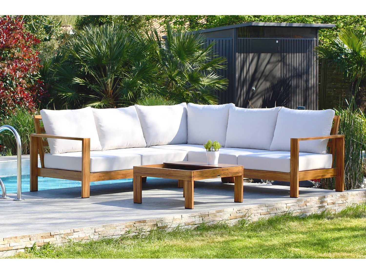 5-Sitzer-Eckgartenmöbel, Aluminium, Holzeffekt