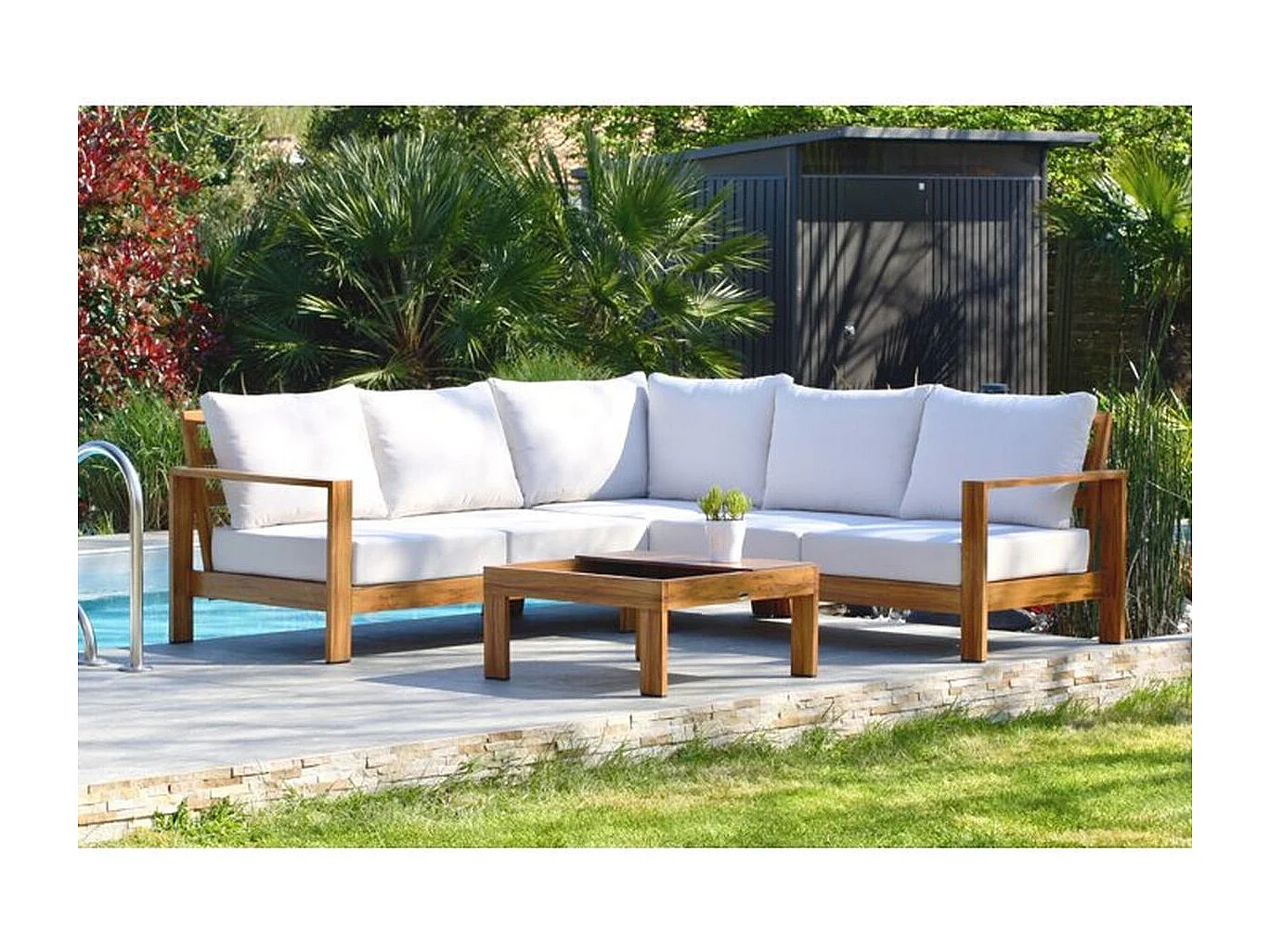Salotto da giardino ad angolo 5 posti in alluminio effetto legno