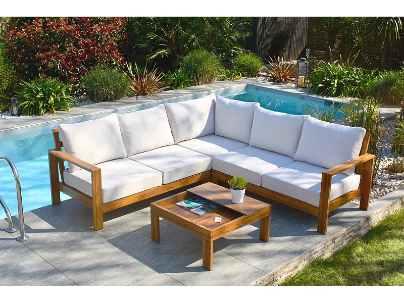 Salón de jardín de esquina 5 plazas de aluminio efecto madera