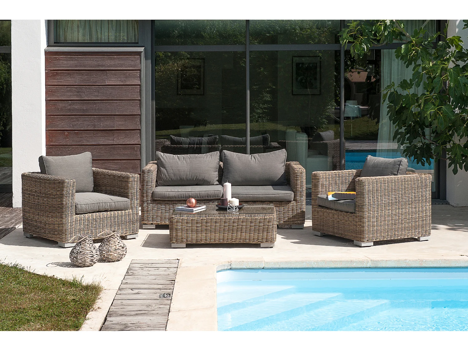 4-Sitzer-Gartenmöbel, Kunstharzgeflecht, honig