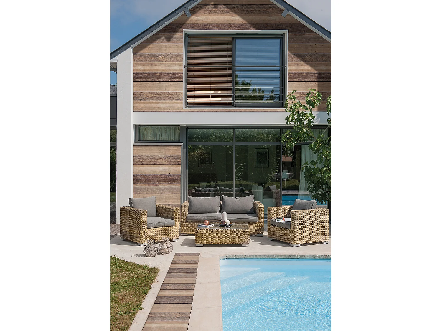 4-Sitzer-Gartenmöbel, Kunstharzgeflecht, honig