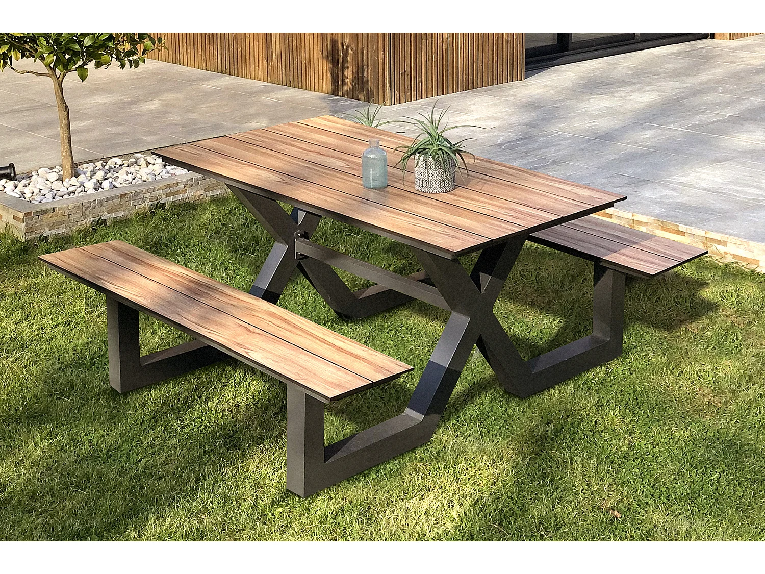 Gartentisch 6 Personen, Aluminium mit HPL Platte, Holzeffekt