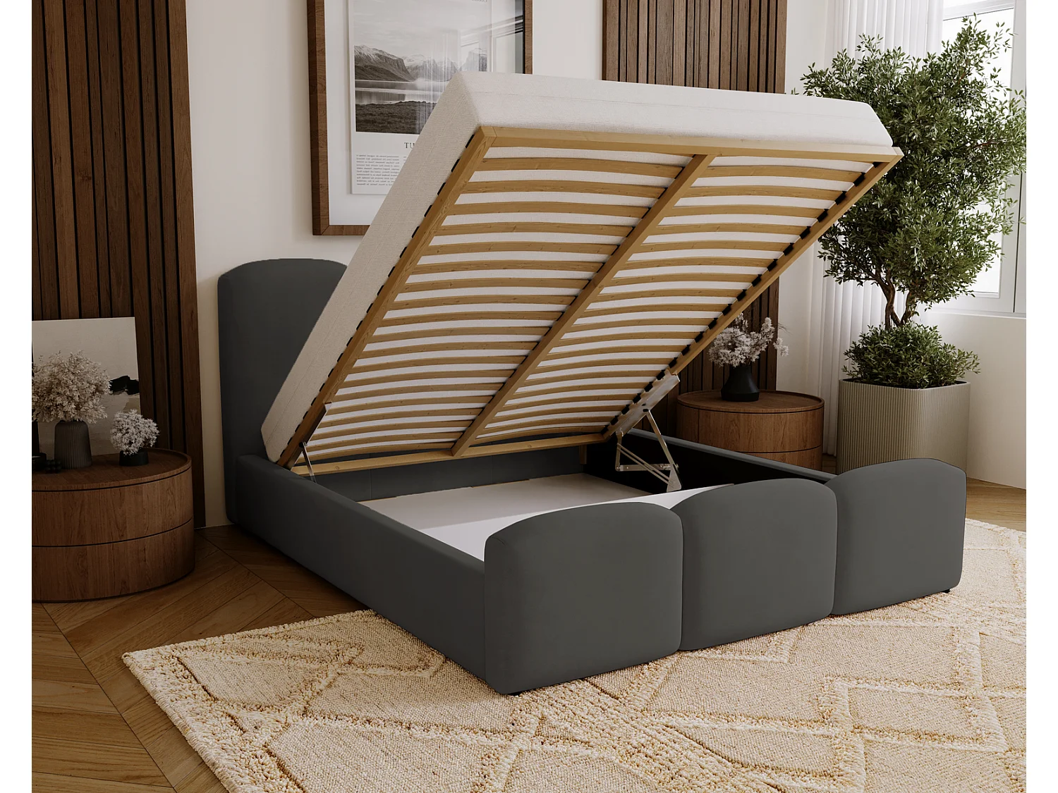 Polsterbett 160x200 Capri mit Bettkasten, Lattenrost - Samtstoff, Dunkelgrau (Magic Velvet 2271)