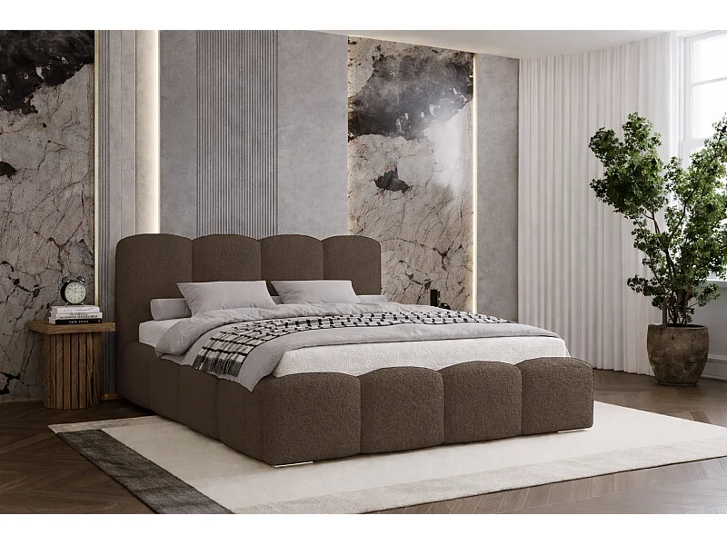 Lit adulte bouclé 200x200 Zenna - coffre de rangement, sommier métallique - Brun (Lambi 4)