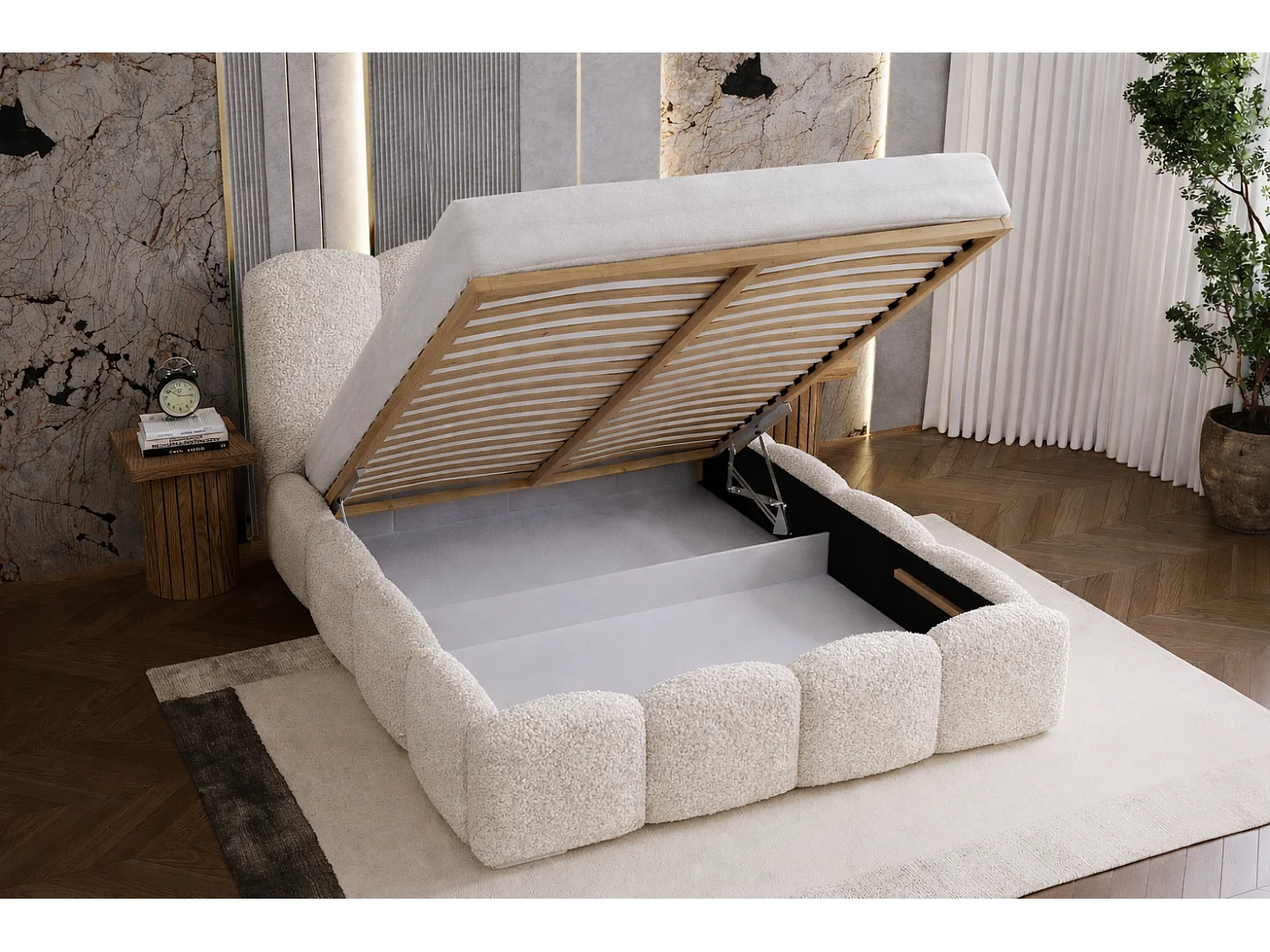 Lit adulte bouclé 180x200 Zenna - coffre de rangement, sommier - Crème (Lambi 1)