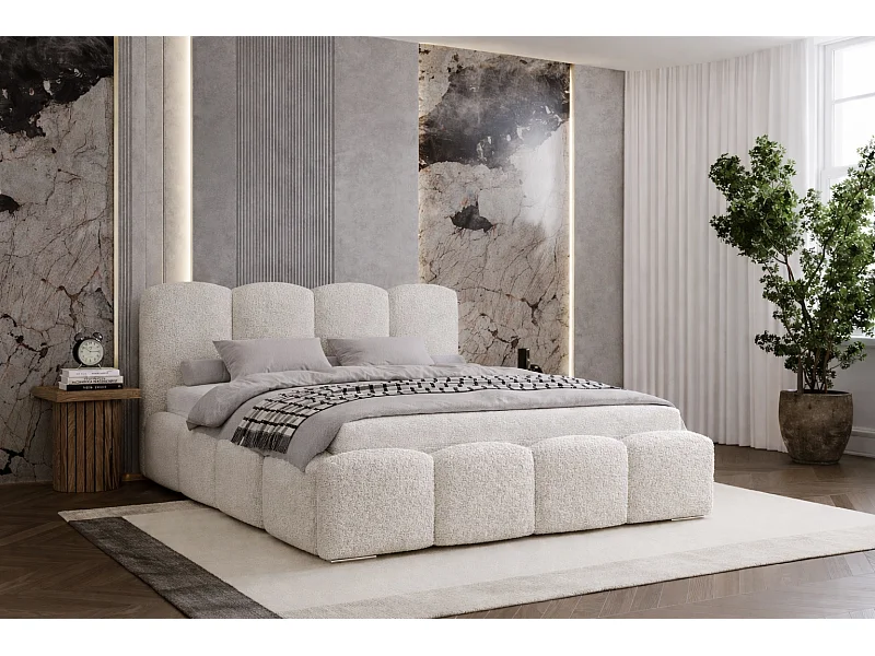 Polsterbett boucle 180x200 Zenna - Bettkasten, Lattenrost - Creme (Lambi 1)