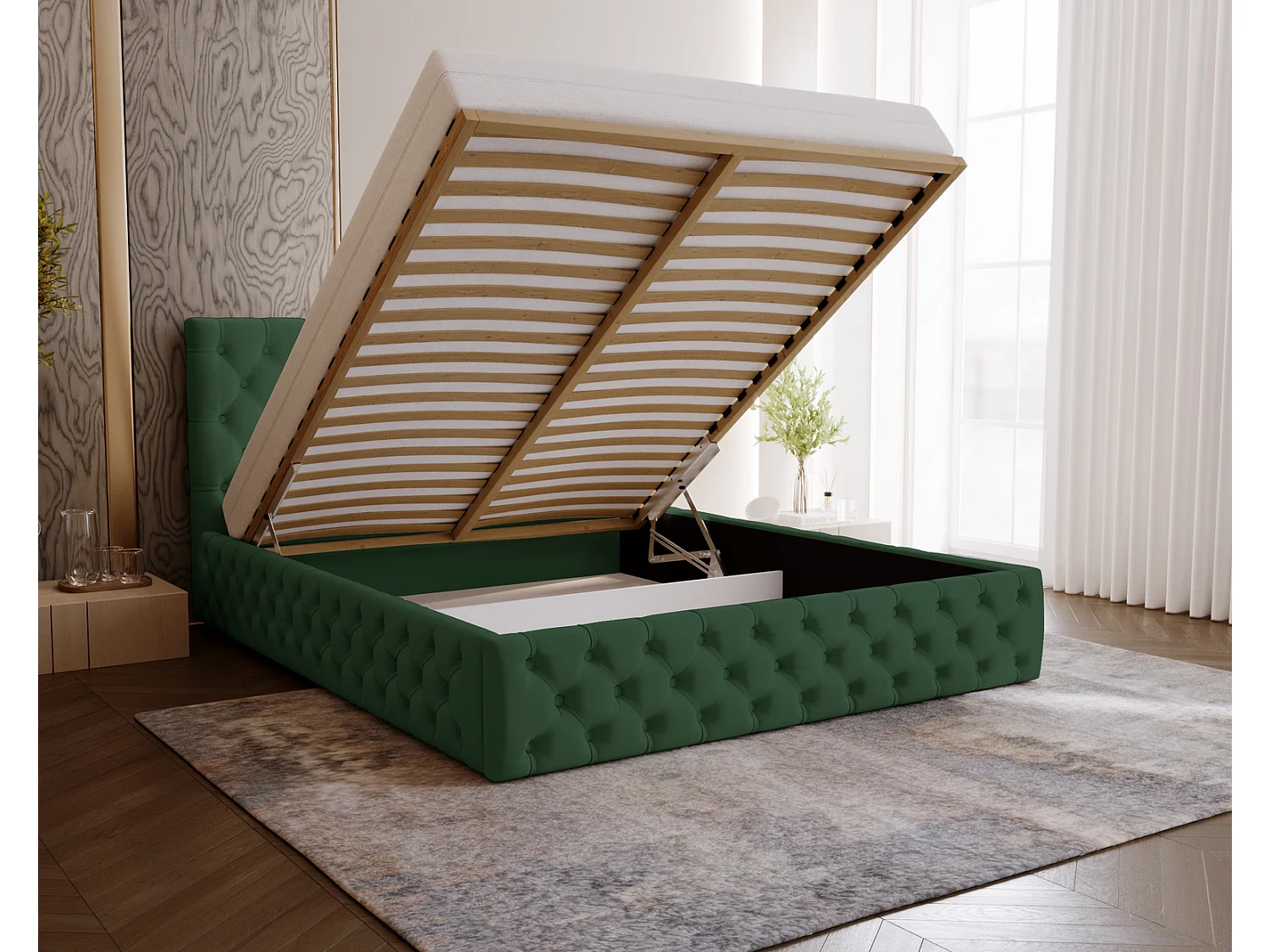 Polsterbett 160x200 Verti Slim - Samtstoff, Bett mit Bettkasten, Lattenrost - Grün (Magic Velvet 2225)