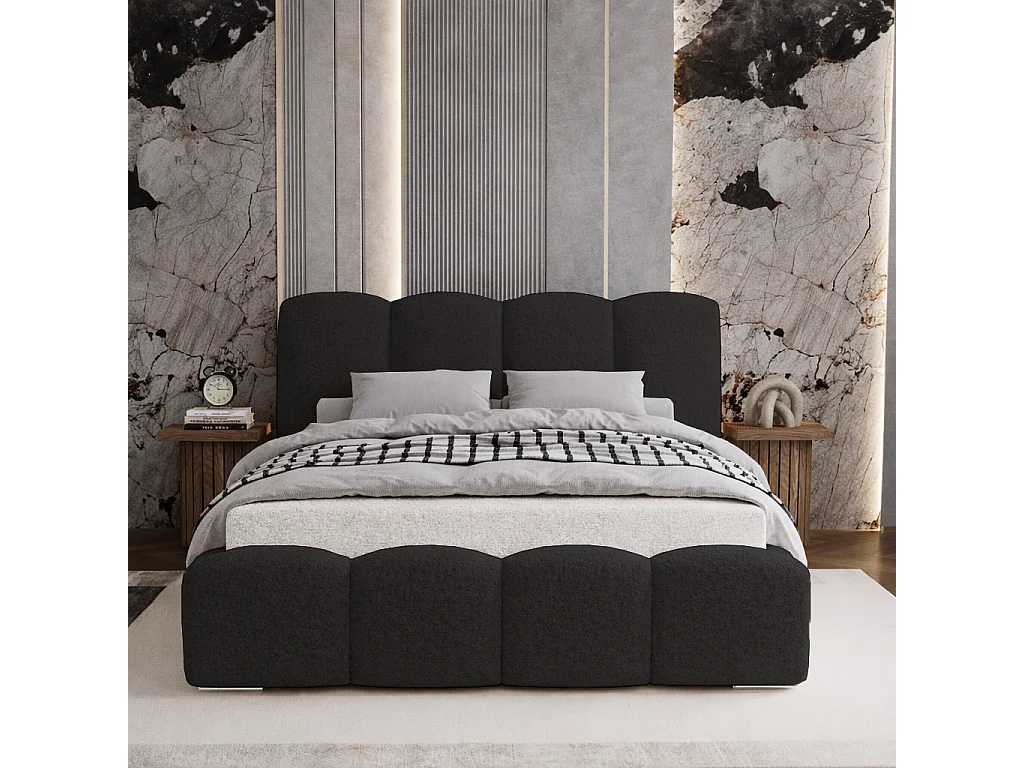 Lit adulte bouclé 140x200 Zenna - coffre de rangement, sommier - Noir (Lambi 13)