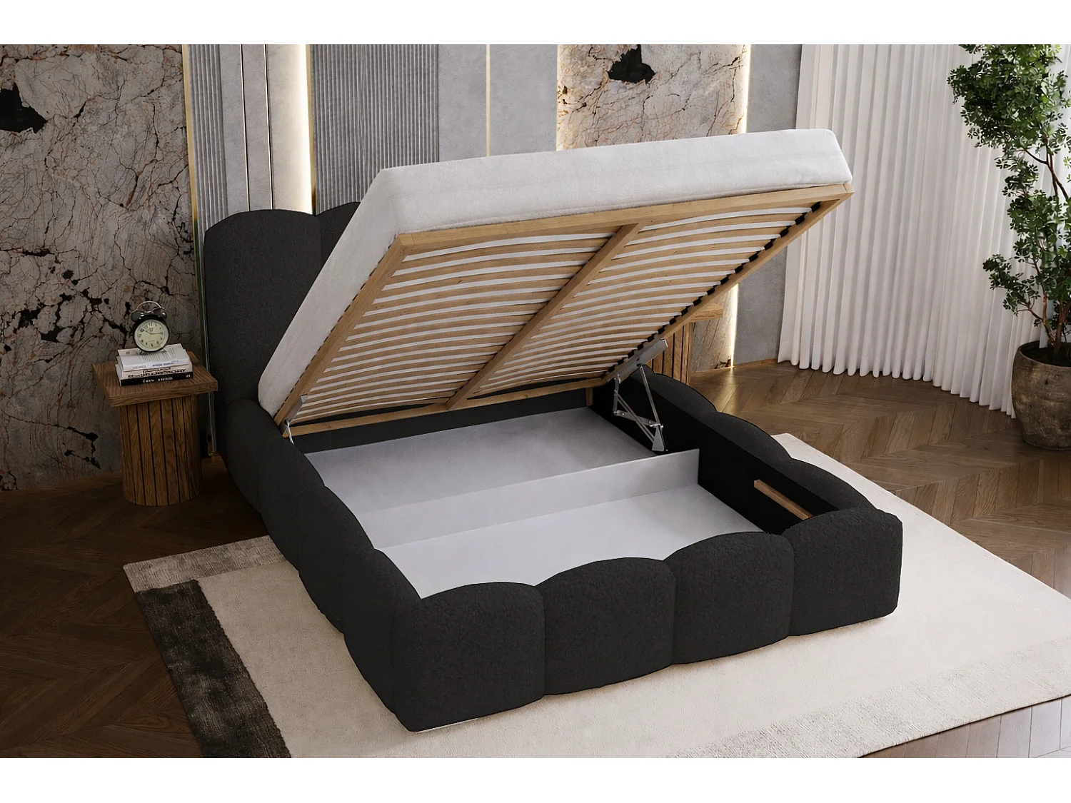 Lit adulte bouclé 140x200 Zenna - coffre de rangement, sommier - Noir (Lambi 13)