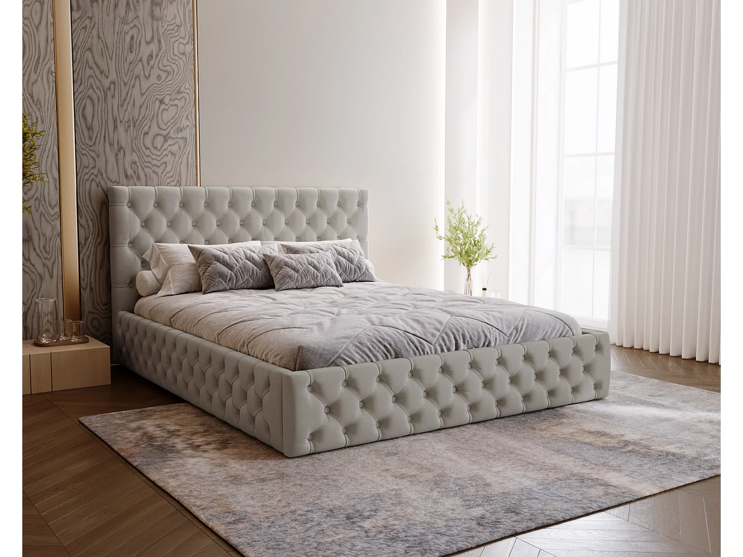 Polsterbett 140x200 Verti Slim - Samtstoff, Bett mit Bettkasten, Lattenrost - Hellgrau (Magic Velvet 2218)