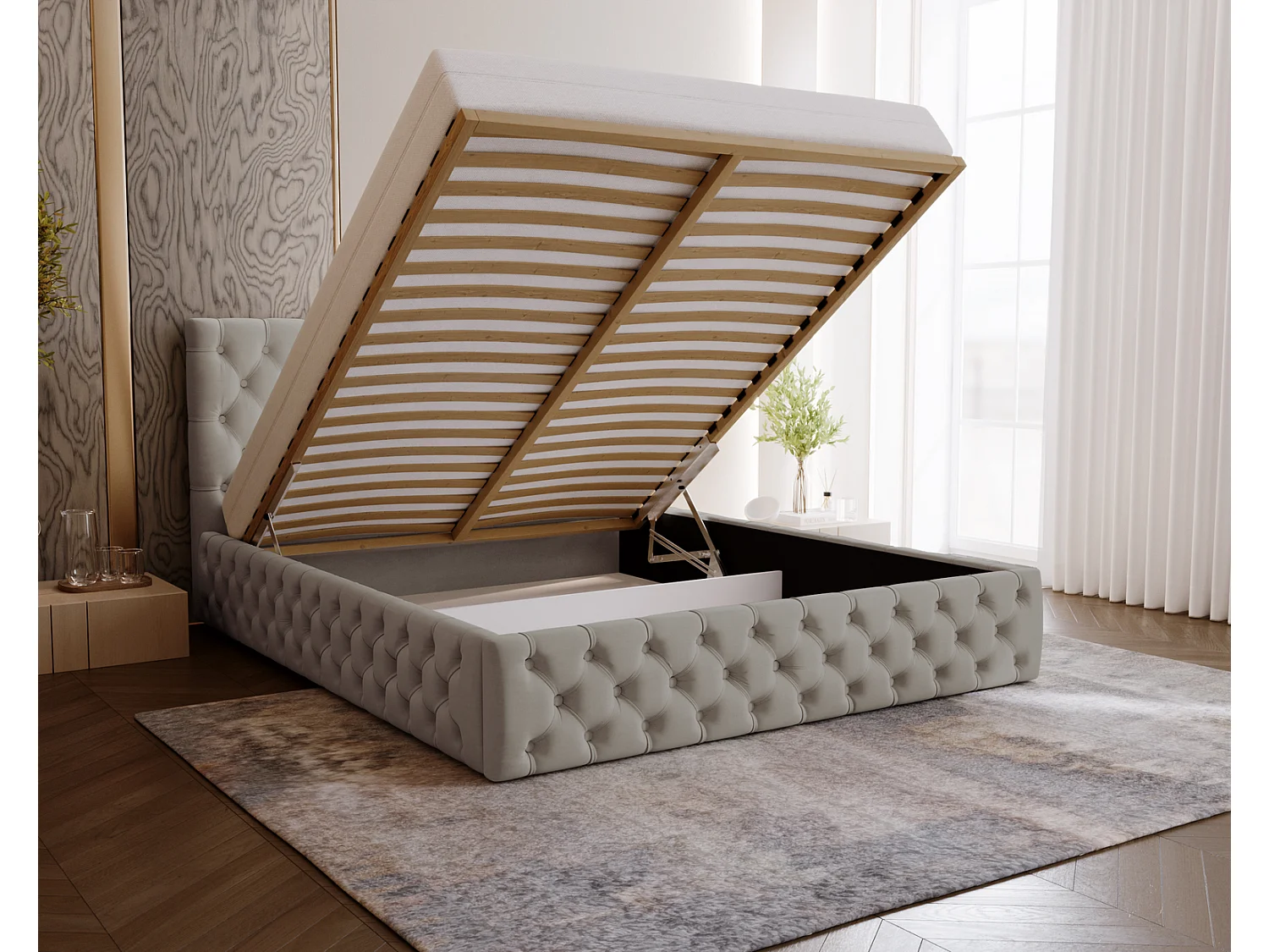 Polsterbett 140x200 Verti Slim - Samtstoff, Bett mit Bettkasten, Lattenrost - Hellgrau (Magic Velvet 2218)