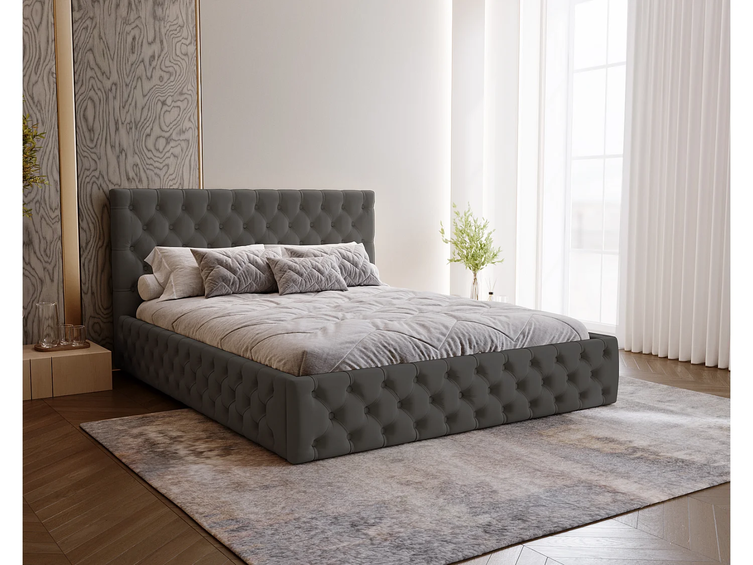 Polsterbett 200x200 Verti Slim - Samtstoff, Bett mit Bettkasten, Metall-Lattenrost - Dunkelgrau (Magic Velvet 2271)