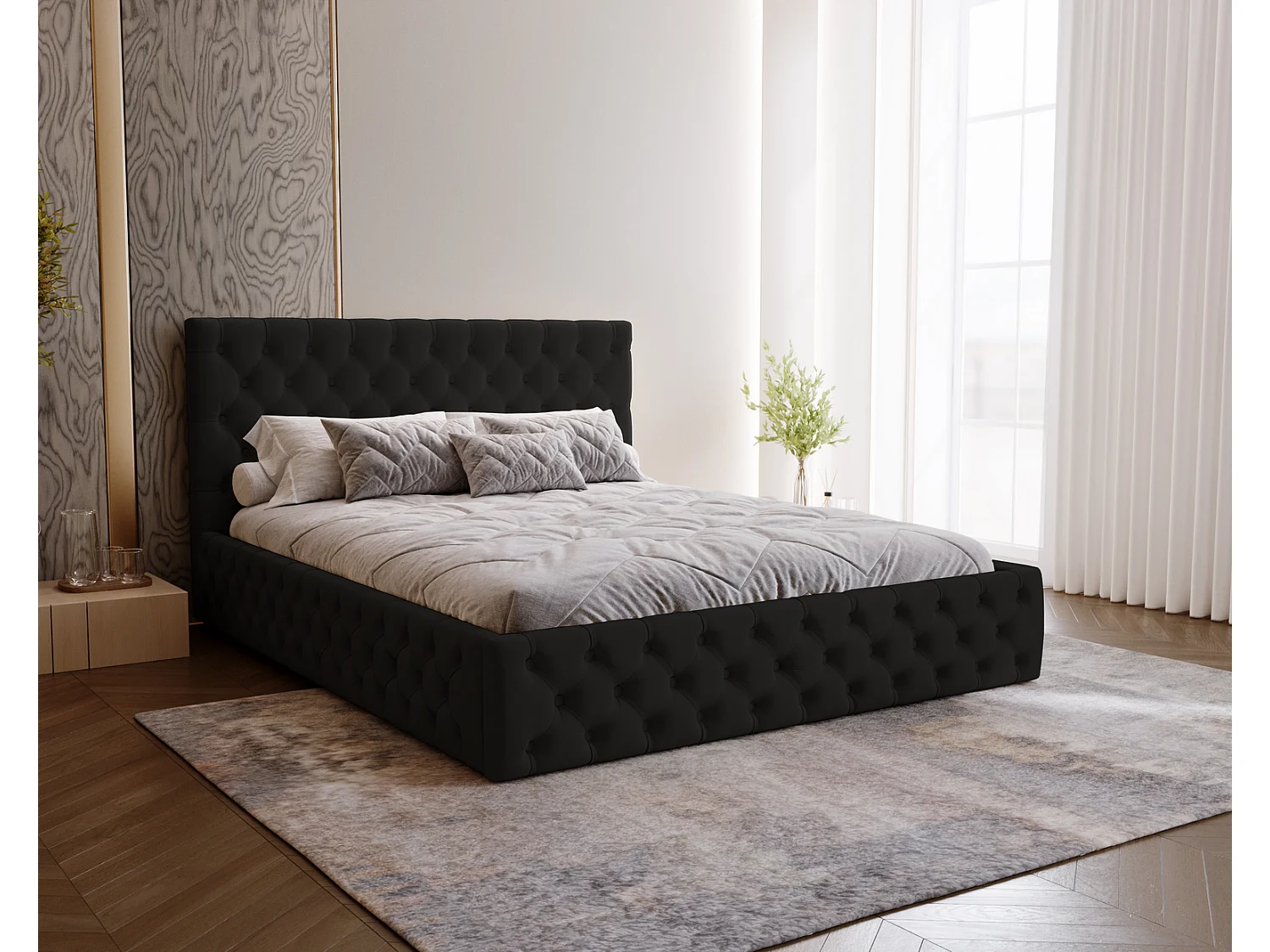 Polsterbett 160x200 Verti Slim - Samtstoff, Bett mit Bettkasten, Lattenrost - Schwarz (Magic Velvet 2219)