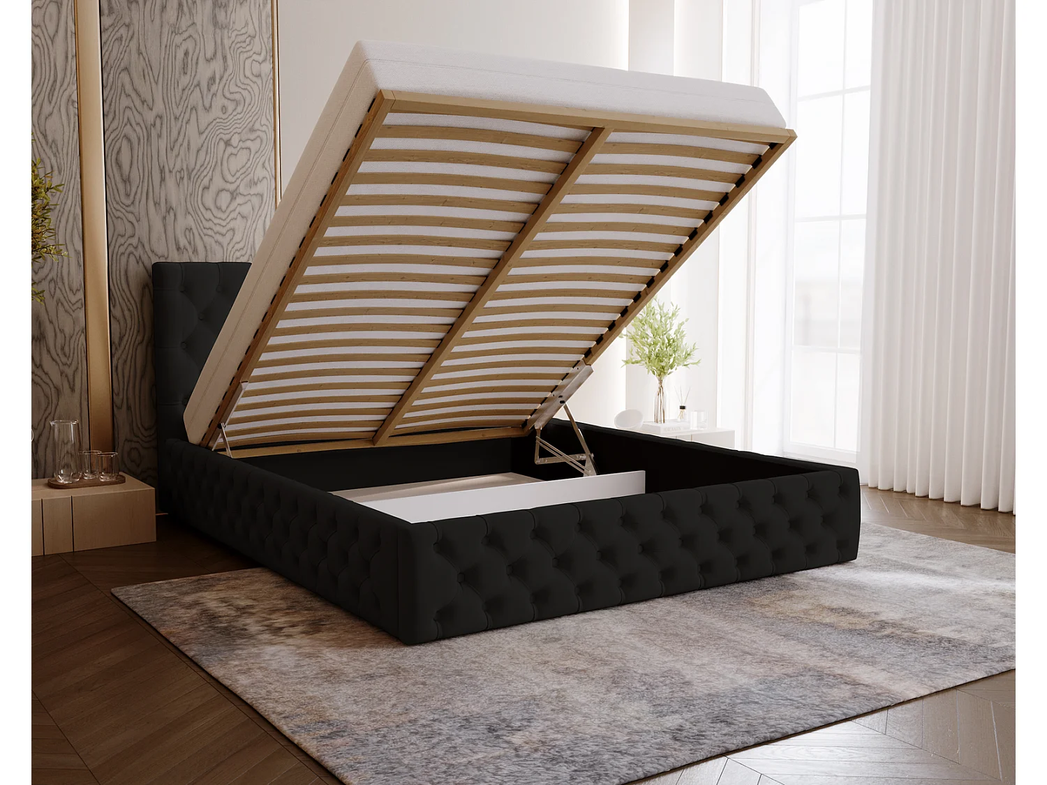 Polsterbett 160x200 Verti Slim - Samtstoff, Bett mit Bettkasten, Lattenrost - Schwarz (Magic Velvet 2219)