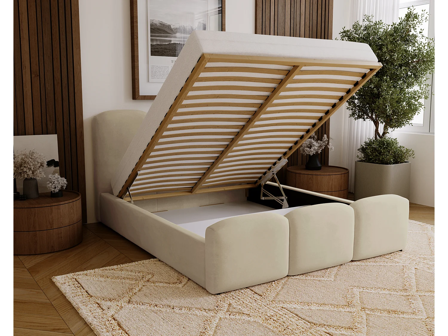 Polsterbett 160x200 Capri mit Bettkasten, Lattenrost - Samtstoff, Beige (Magic Velvet 2201)