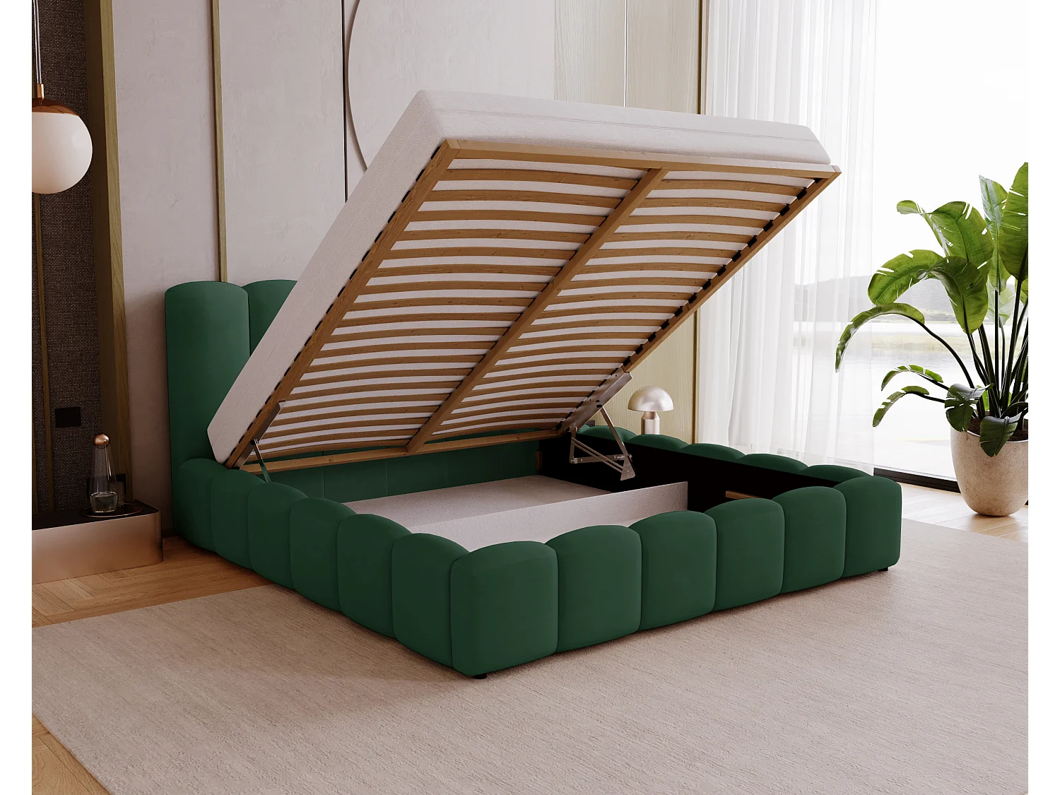 Polsterbett mit Bettkasten 140x200 Florent - Samtstoff, Lattenrost - Grün (Magic Velvet 2225)